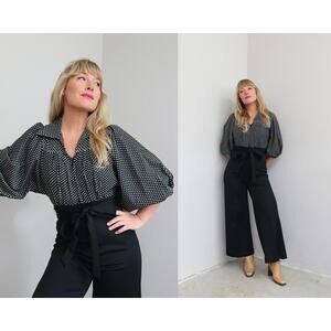 1970's Vintage Wide Leg Polka Dot Jumpsuit ~ Women's XXS XS ~ Big Puff Sleeves